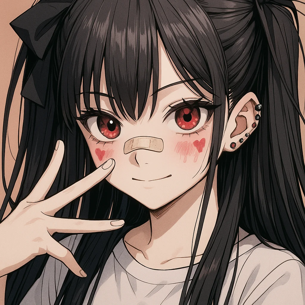 高精細なアニメイラスト、長いストレートの黒髪を高いツインテールに結んだ10代の可愛い女の子のクローズアップポートレート。大きな黒いリボンのヘアタイ、色白の肌、大きくて赤い瞳（ハート型のハイライトあり）、自信ありげな笑み。鼻に絆創膏、頬にはハート型のチーク跡、顔の近くでピースサインのポーズ。シンプルな白いTシャツを着用し、右耳に複数のピアス。クリーンな線画、柔らかな影、暖かいライティング、ベージュの背景、モダンなアニメスタイル、傑作風。