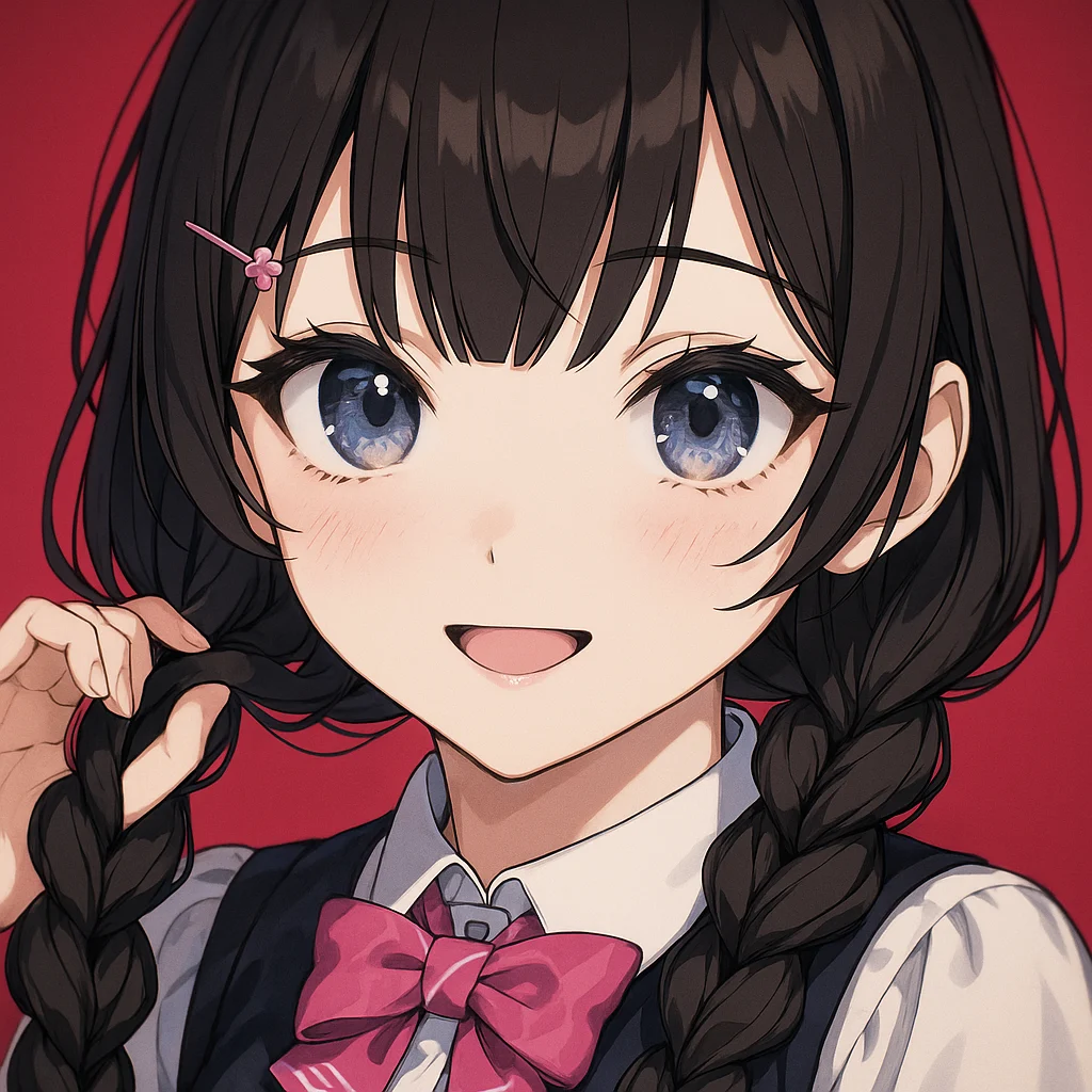 超高精細なアニメイラスト、青い大きな瞳とあたたかい笑顔の美少女、黒髪の三つ編みツイン、片手で三つ編みを持っている、ピンクのリボンと濃紺のベストが特徴の日本風学生制服を着用、体全体が少し傾いた正面ビュー、鮮やかな赤い背景、柔らかいセル画風の塗り、pixiv風スタイル、顔のディテールが非常に精密、輝く瞳、繊細なまつげ、ハイクオリティ、マスターピース、pixivで話題