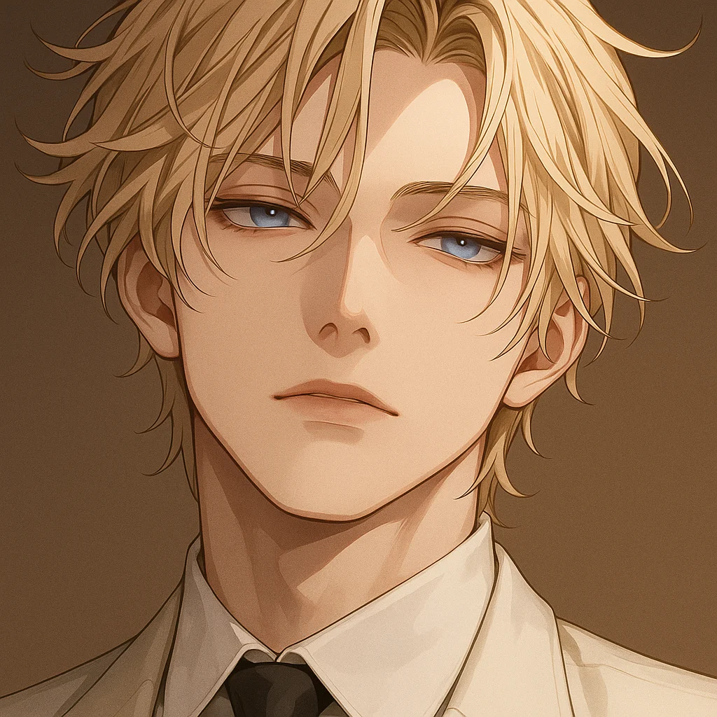 非常に精密なアニメイラスト。やや乱れた金髪をしたハンサムな青年のクローズアップポートレート。鋭い青い瞳、無表情で正面を見つめている。落ち着いた雰囲気。アイボリーのドレスシャツに黒いネクタイを着用。少しラフな髪型で、左右対称の整った顔立ち。クリーンな線画と柔らかな陰影、温かみのあるライティング。背景はブラウン。プロフェッショナルでありながら柔らかい雰囲気。ややリアルな日本アニメスタイルの傑作。