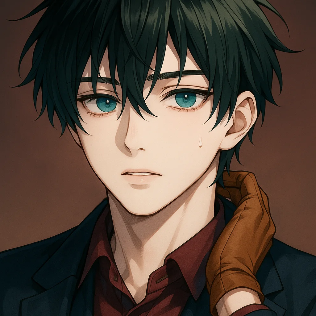 高精細なアニメイラスト。ダークグリーンのくしゃくしゃした髪を持つ美少年のクローズアップポートレート。青緑の瞳、頬には一粒の汗、ダークバーガンディのシャツとネイビーのブレザーを着用。柔らかな影、綺麗な線画、茶色の背景、ややドラマチックなライティング。