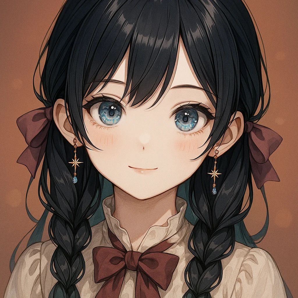 精緻なアニメ風イラスト、美しい少女のクローズアップポートレート、黒髪のツイン三つ編み、大きなバーガンディのリボンで結ばれている、輝く青い瞳、柔らかな微笑み、頬に赤らみ、フリルのあるオフホワイトのブラウス、首元にはバーガンディのリボン、金と青の星型イヤリング、左右対称の顔立ち、繊細な線画、柔らかなライティング、暖かみのあるブラウン背景、日本アニメスタイル、マスターピース、柔らかな陰影、可愛くて無垢な表情