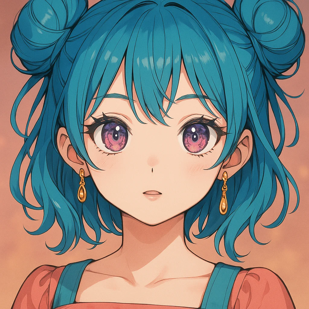 鮮やかなターコイズ色のツインお団子ヘア、顔の周りに緩く垂れる髪束、輝く紫色の大きな瞳、落ち着いた無表情、オレンジのしずく型ピアス、コーラルピンクのドレスとティール色のサスペンダーを着たアニメ風少女のアップポートレート。柔らかい環境光、滑らかな陰影、対称的な顔立ち、繊細な顔の特徴、日本のアニメスタイル、クリーンな線画、淡いグラデーション、パステル調の暖かい背景、単体キャラクター
