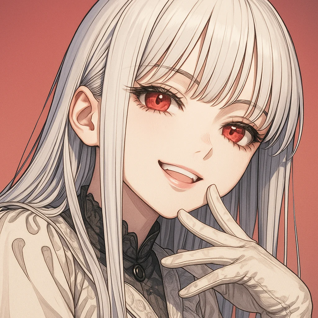 鮮やかな赤い瞳と長いストレートの銀髪を持つアニメ風美少女の超クローズアップポートレート。上半身全体が約30度ほど右に傾いており、斜めの角度からこちらを見つめている。自信に満ちた微笑みを浮かべ、印象的な存在感を放つ。肩までしか映らない構図で、白いレースの手袋をはめた右手が顔の近くでVサインのように添えられている。衣装は黒いレースや精緻な刺繍、アンティーク調のボタンが施されたゴシック風のドレス。背景は温かみのある赤系グラデーション。線画がシャープで、Pixivスタイルの高解像度アニメイラスト。ソフトな陰影と自然なライティングが特徴。