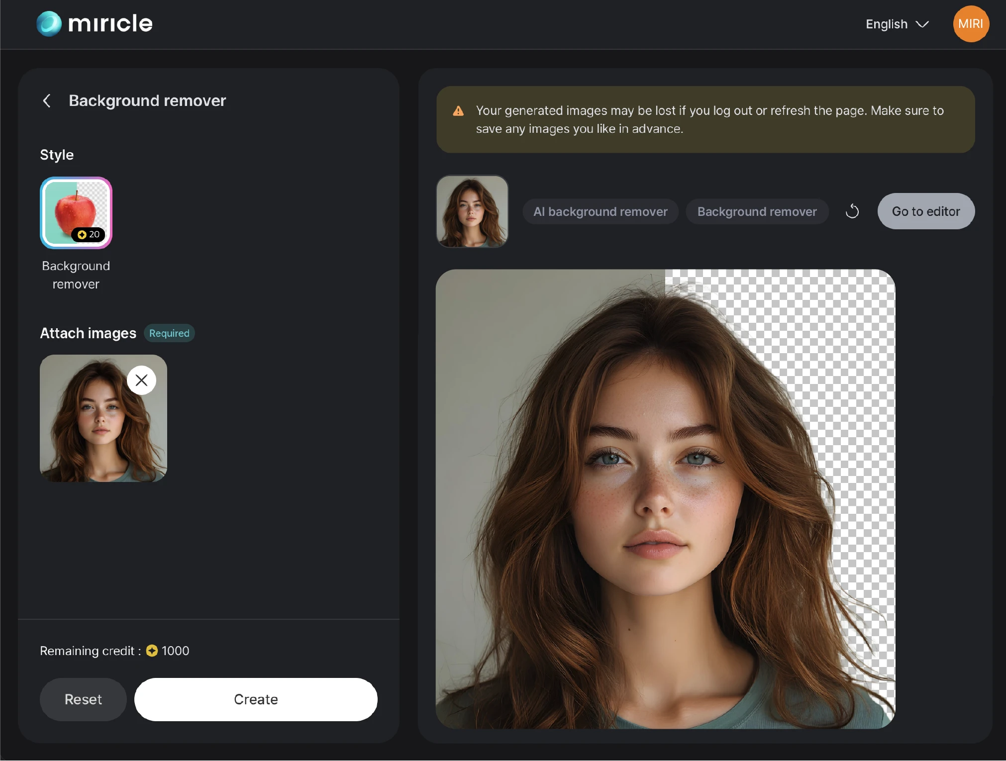 Example of an image being edited using the background remover feature