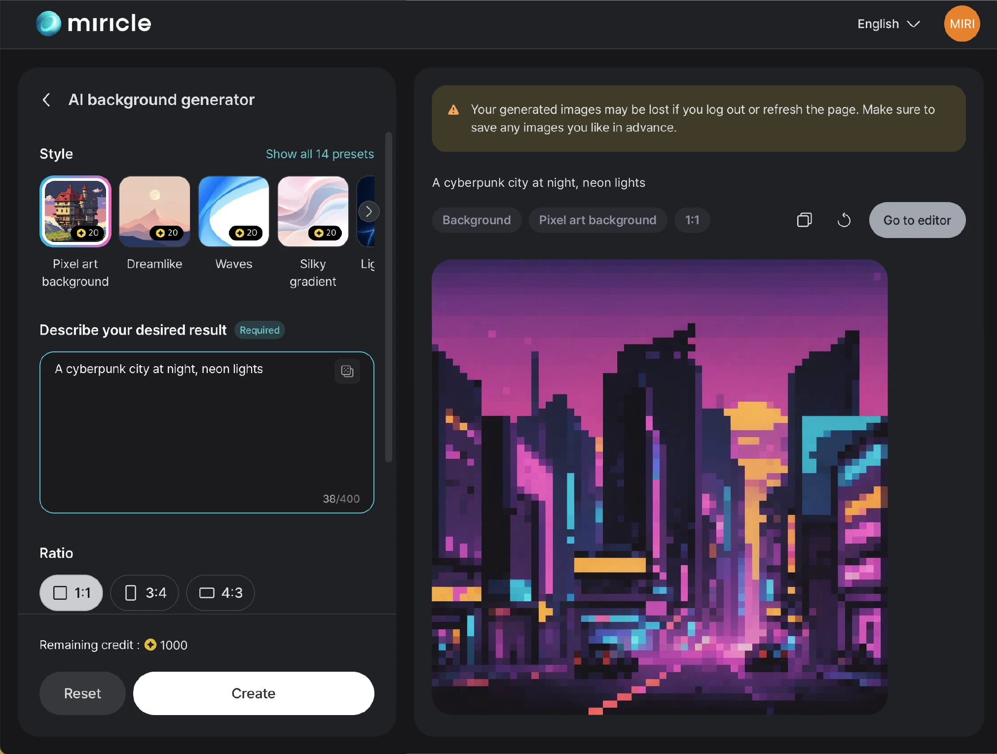 Interface for viewing generated backgrounds and style variations in the Miricle page