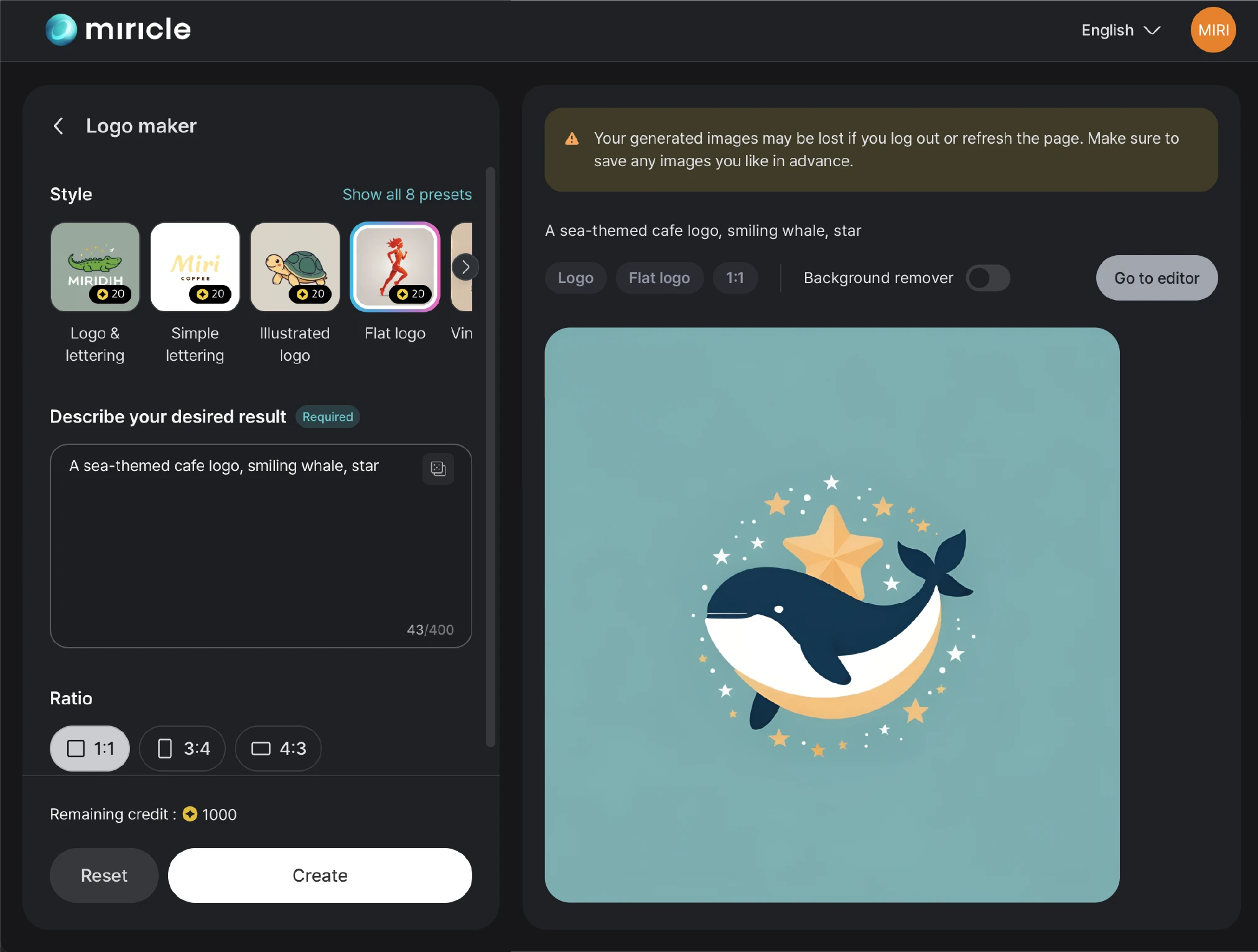 Interface showing a logo created in the Miricle page