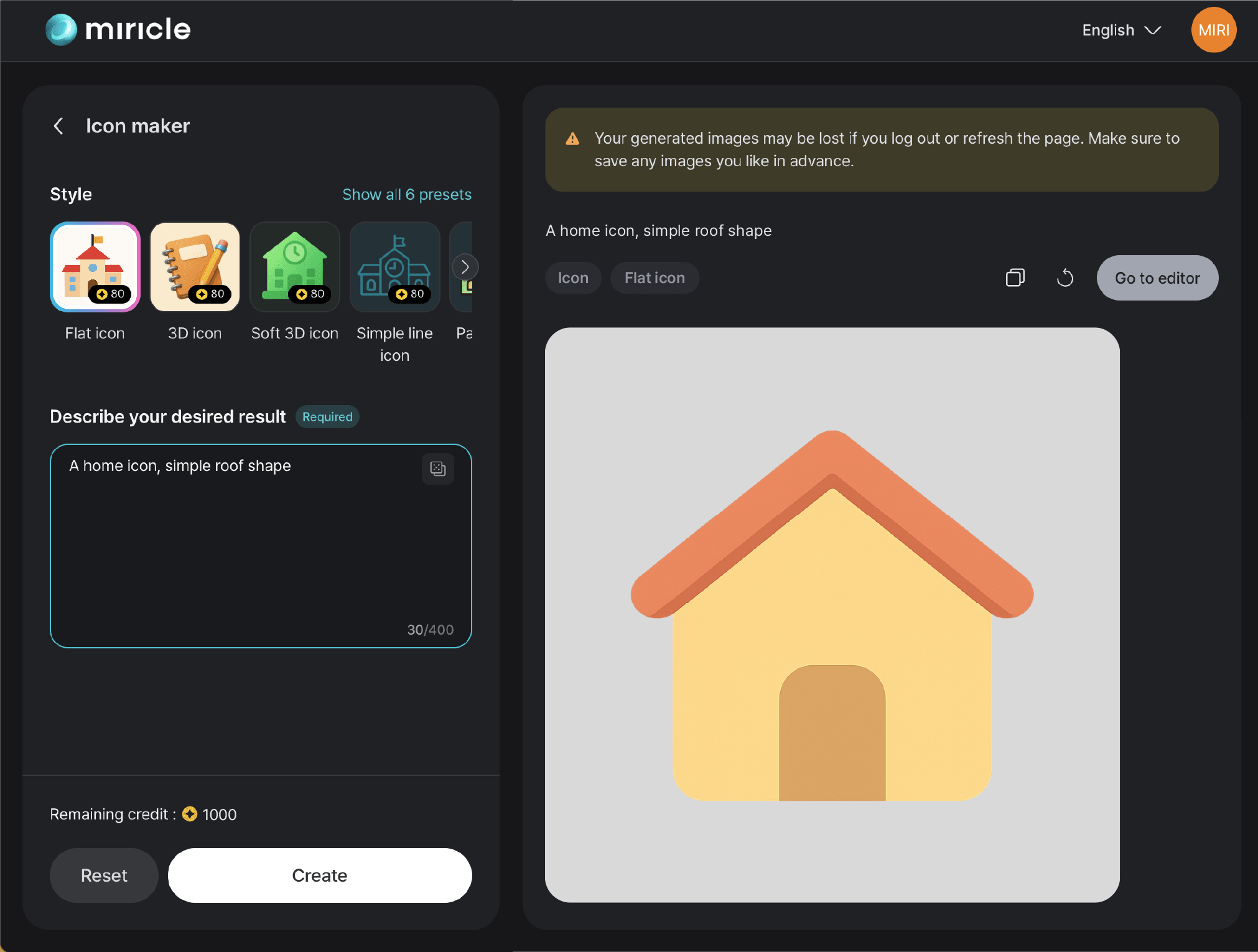 Interface displaying the generated icon in the miricle page