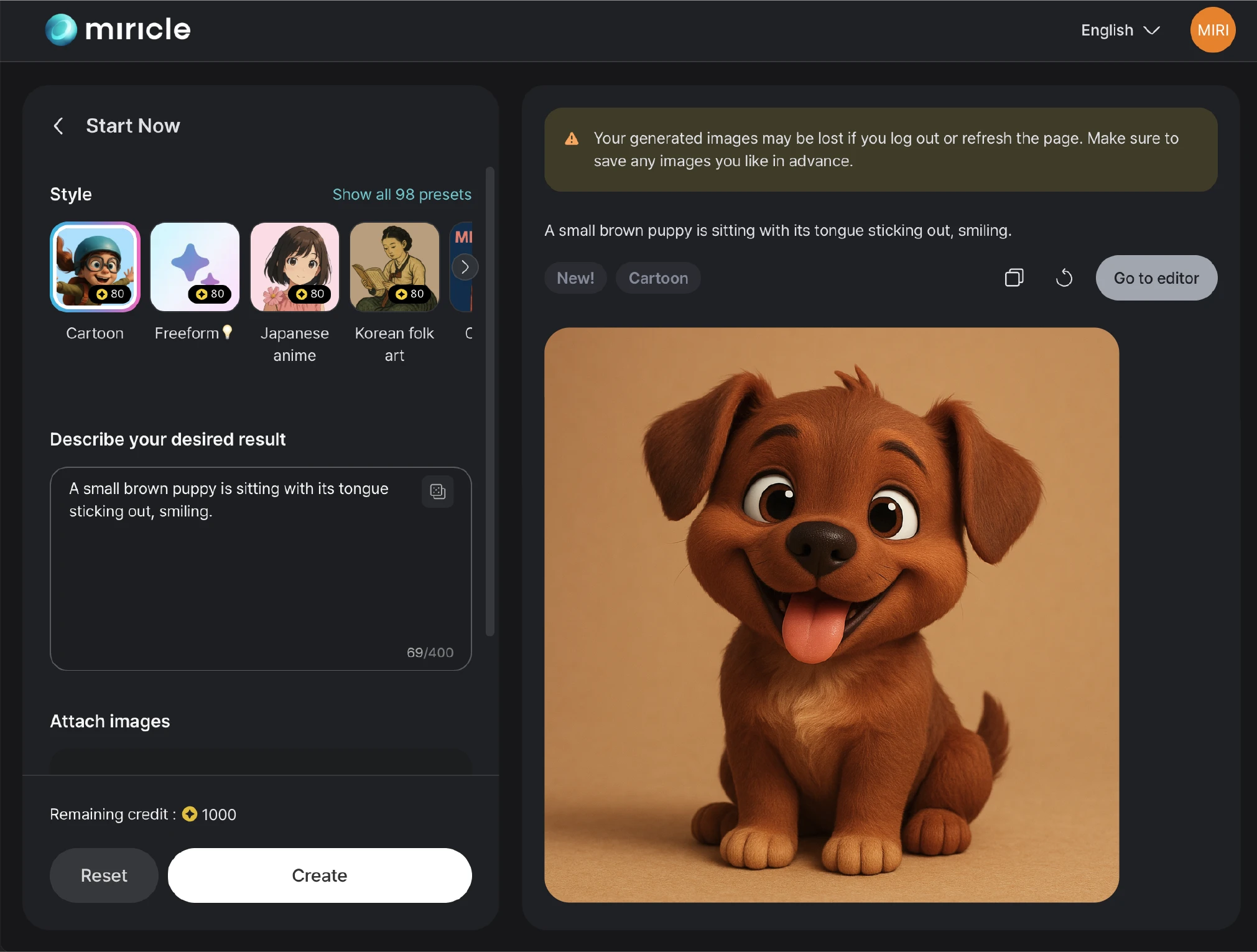 Example of a 3D animation-style dog illustration generated from the AI image generator interface