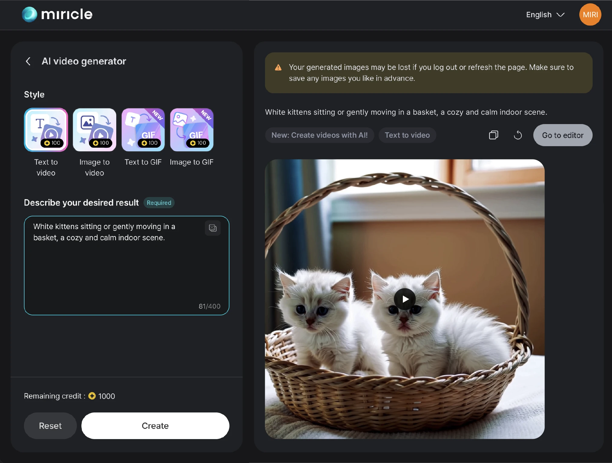 Interface for previewing generated videos in the miricle page