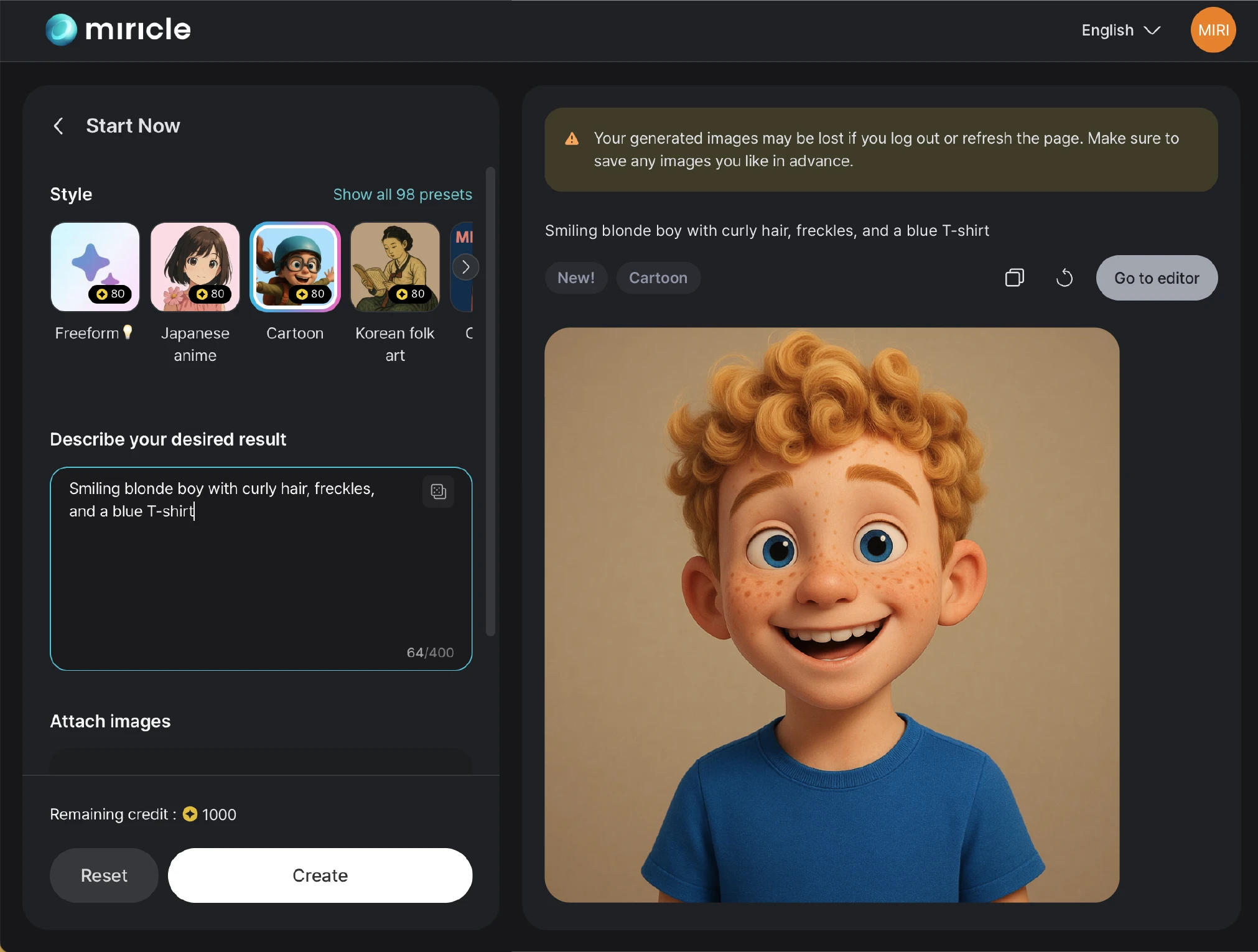 Interface for viewing a generated image within miricle screen