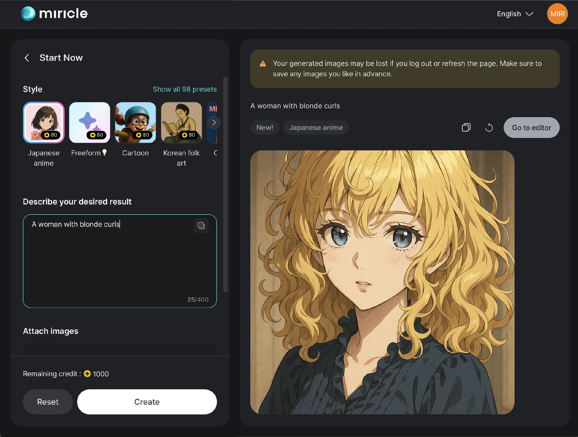 Interface showing the generated image in the miricle interface