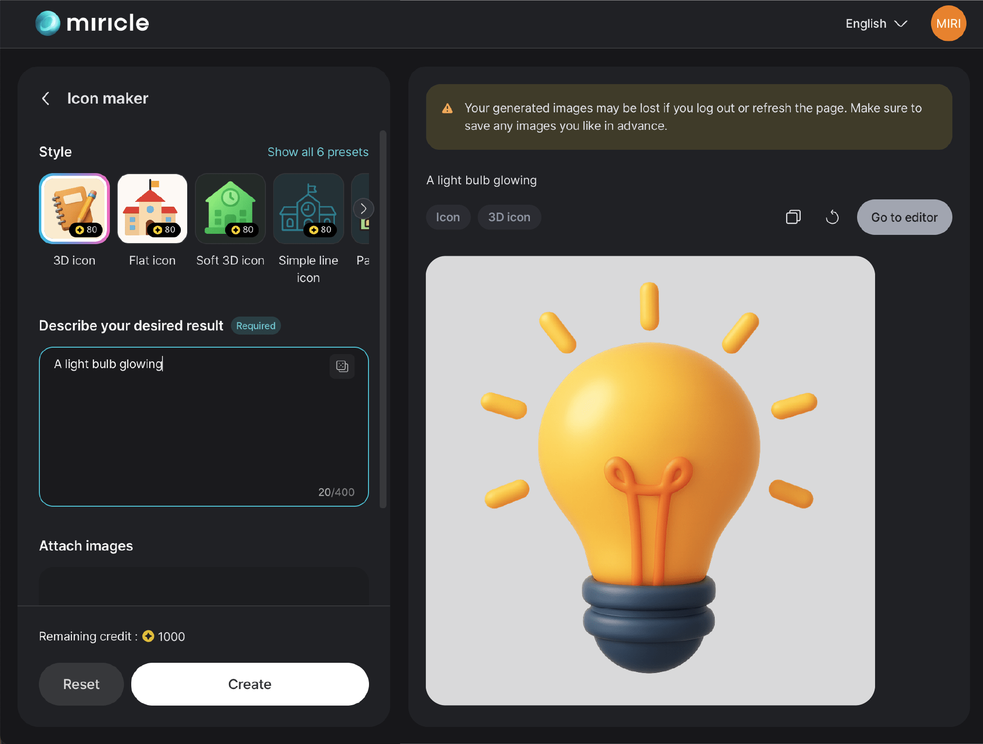 Interface screenshot displaying the GPT 3D icon generator on Miracle page, with a lightbulb icon being created
