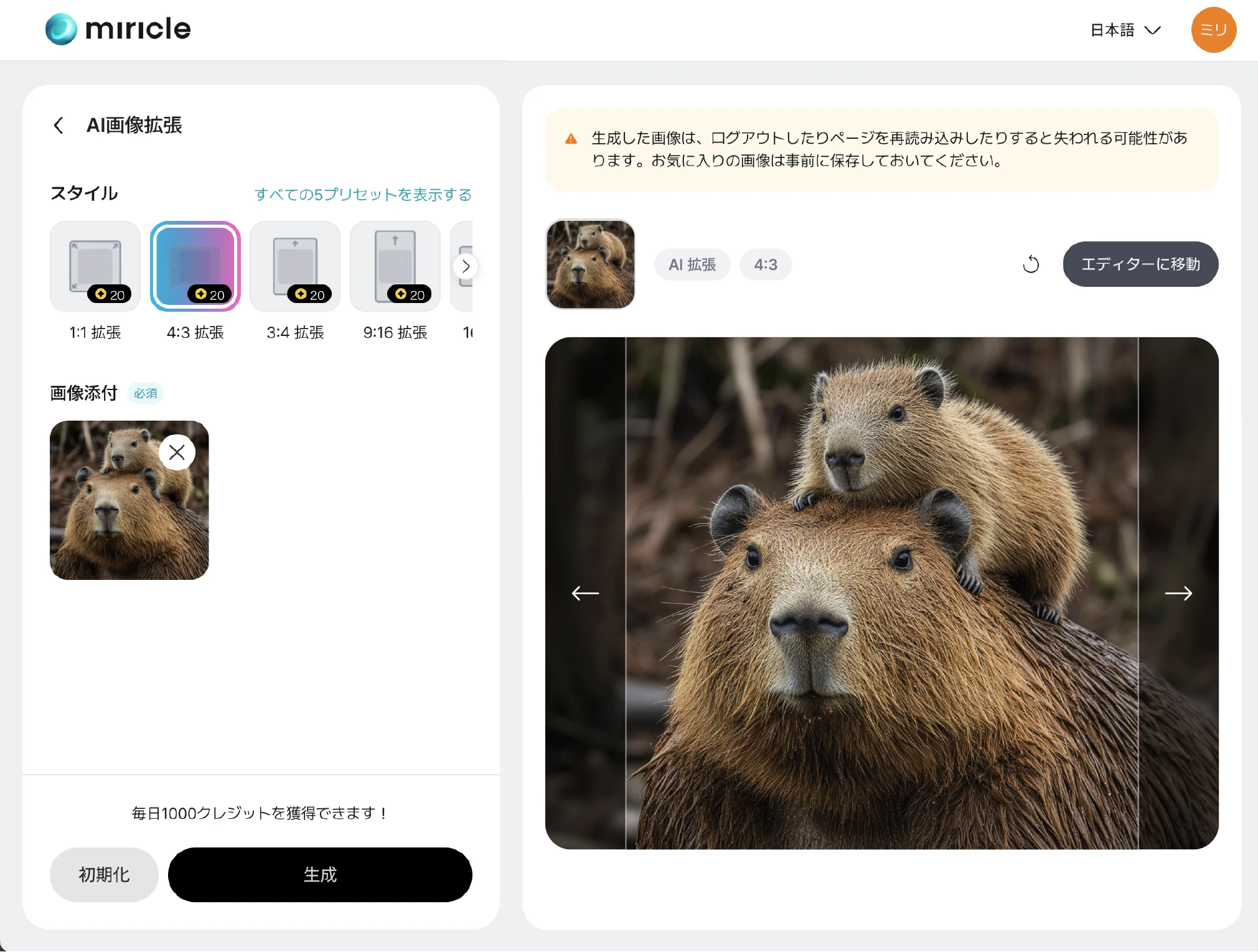 画像拡張機能を使用する画面