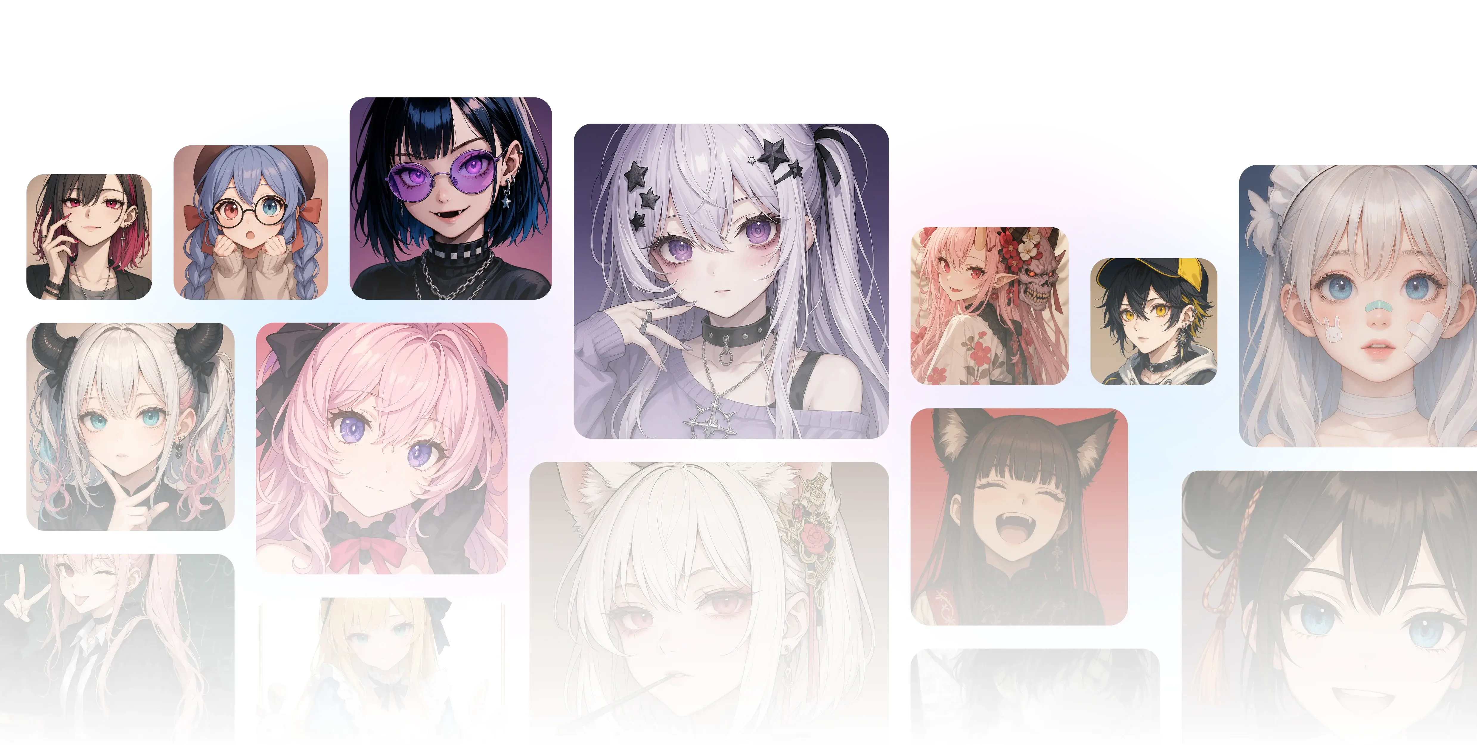 AIキャラクター生成機能で作られたオリジナルキャラクターをグリッド形式で並べた例