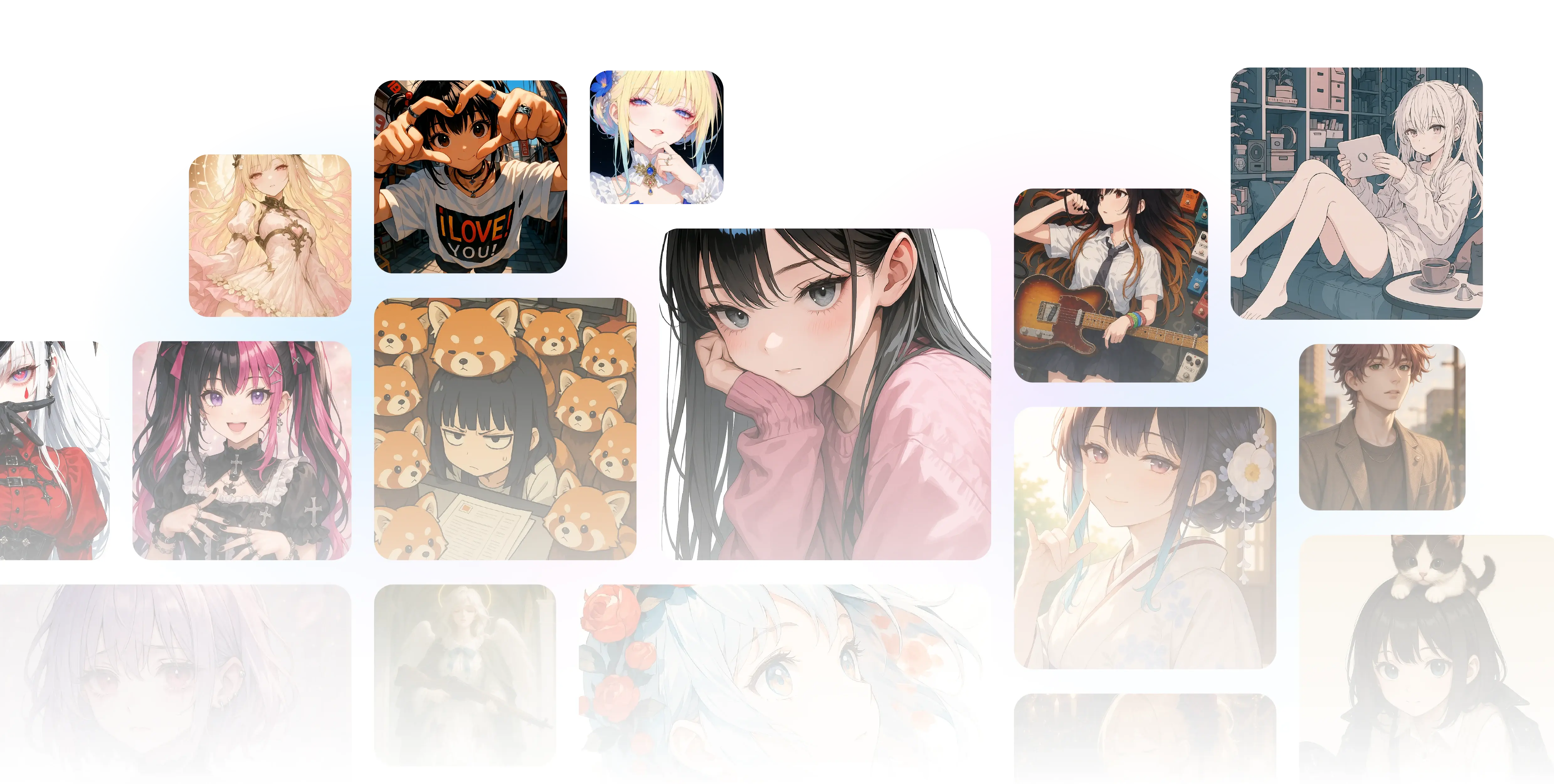 AIイラスト生成機能で制作された多様なスタイルのイラストをグリッド形式で配置した例