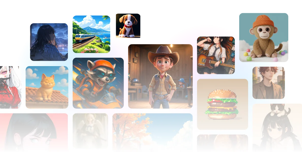 AIイラスト生成機能で制作された多様なスタイルのイラストをグリッド形式で配置した例