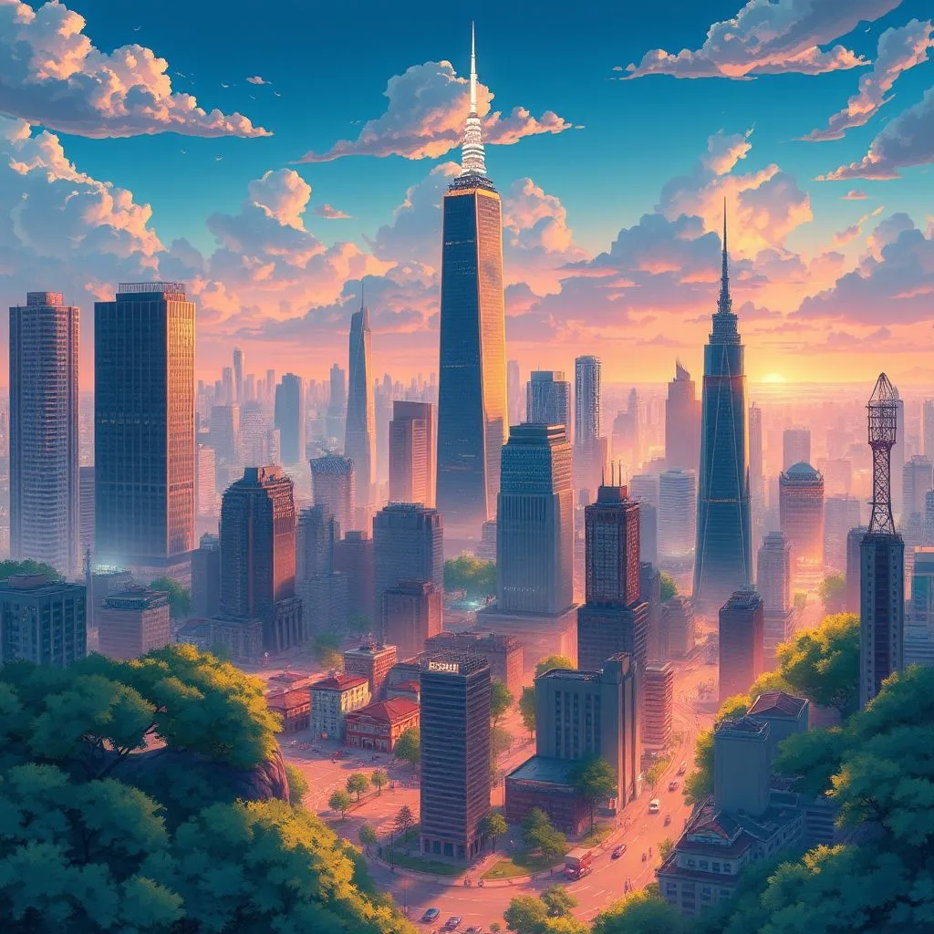 AI背景生成機能で作成したアニメーション風の都市