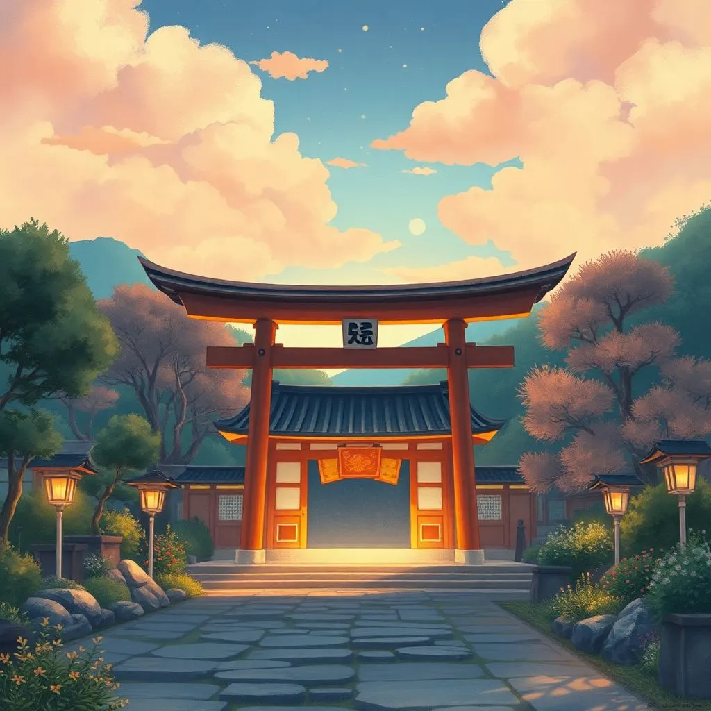 AI背景生成機能で作成したアニメーション風の神社