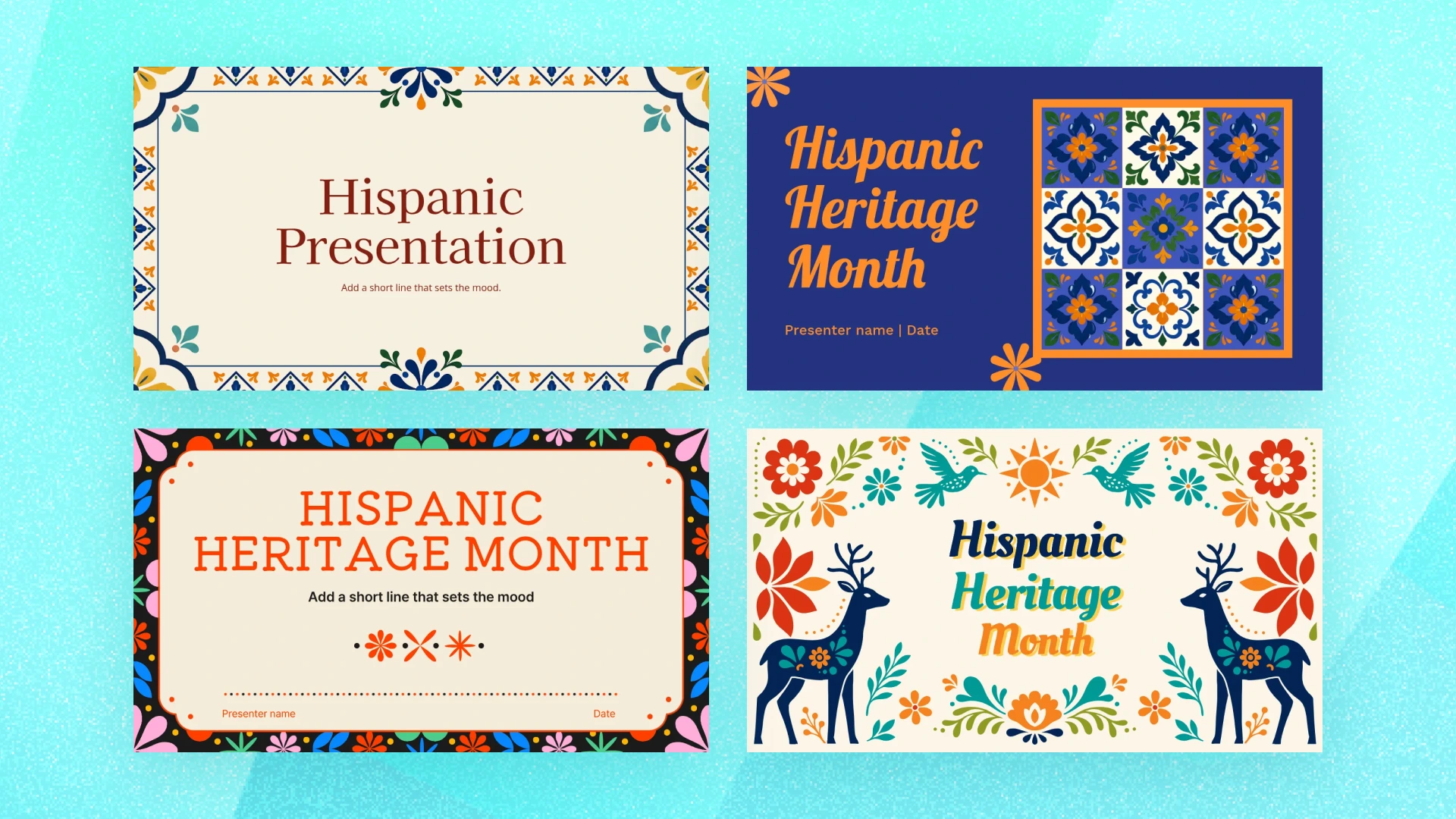 Four Hispanic Heritage Month presentation slide templates from MiriCanvas with traditional Mexican tile, papel picado, and floral deer patterns