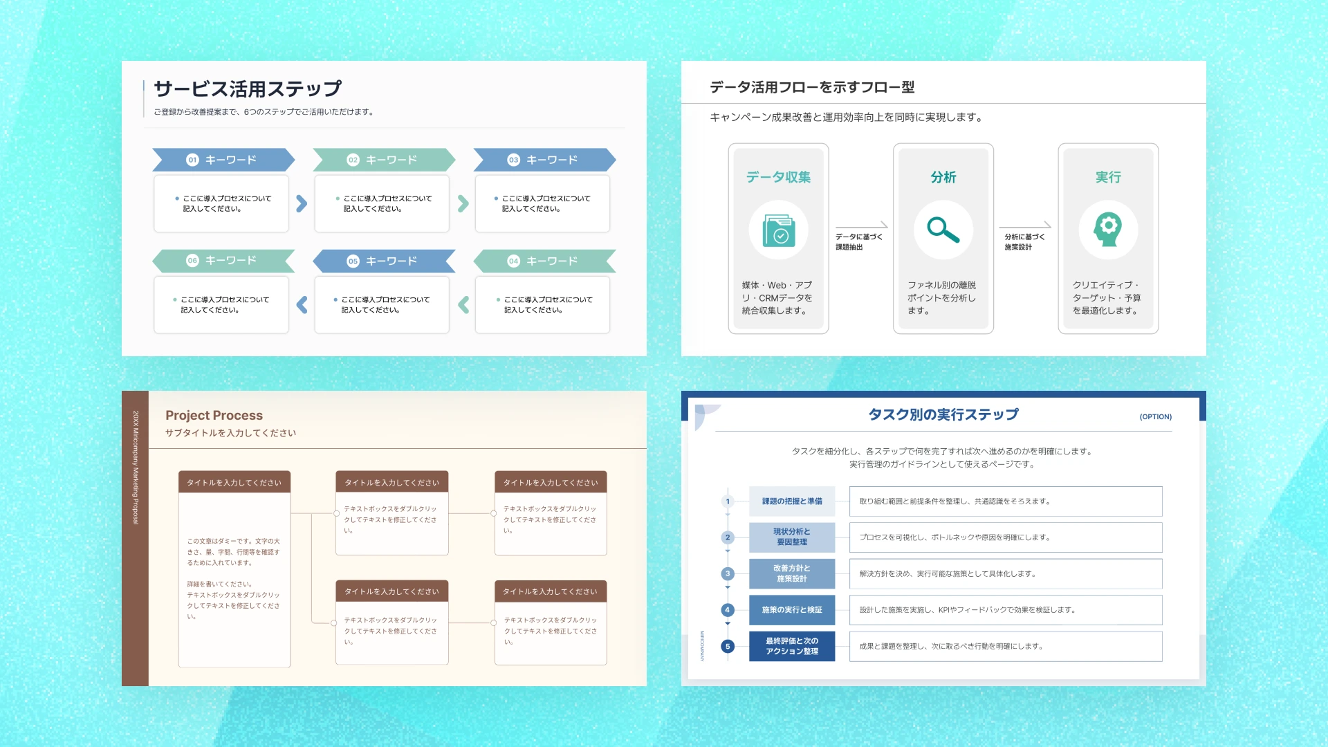 MiriCanvasのフローチャート・プロセス図テンプレート4種(ステップ型・フロー型・プロジェクトプロセス型・タスク実行ステップ型)