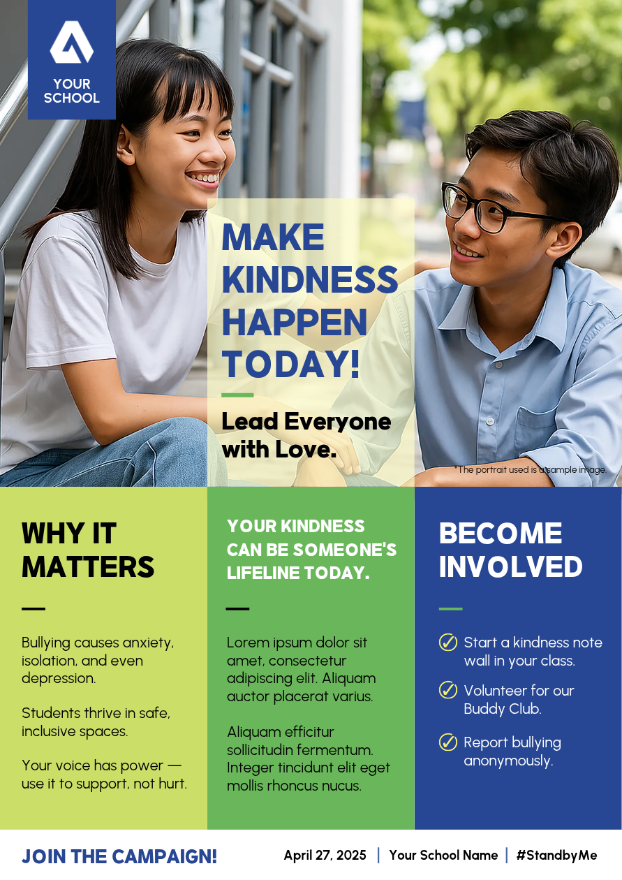 student campaign anti-bullying poster template with a get involved list and campaign date