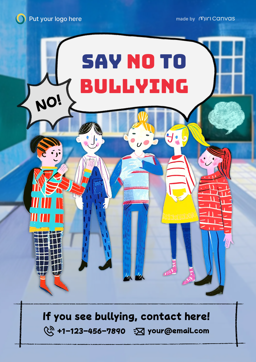 anti-bullying poster template for a classroom wall with space for reporting contact details