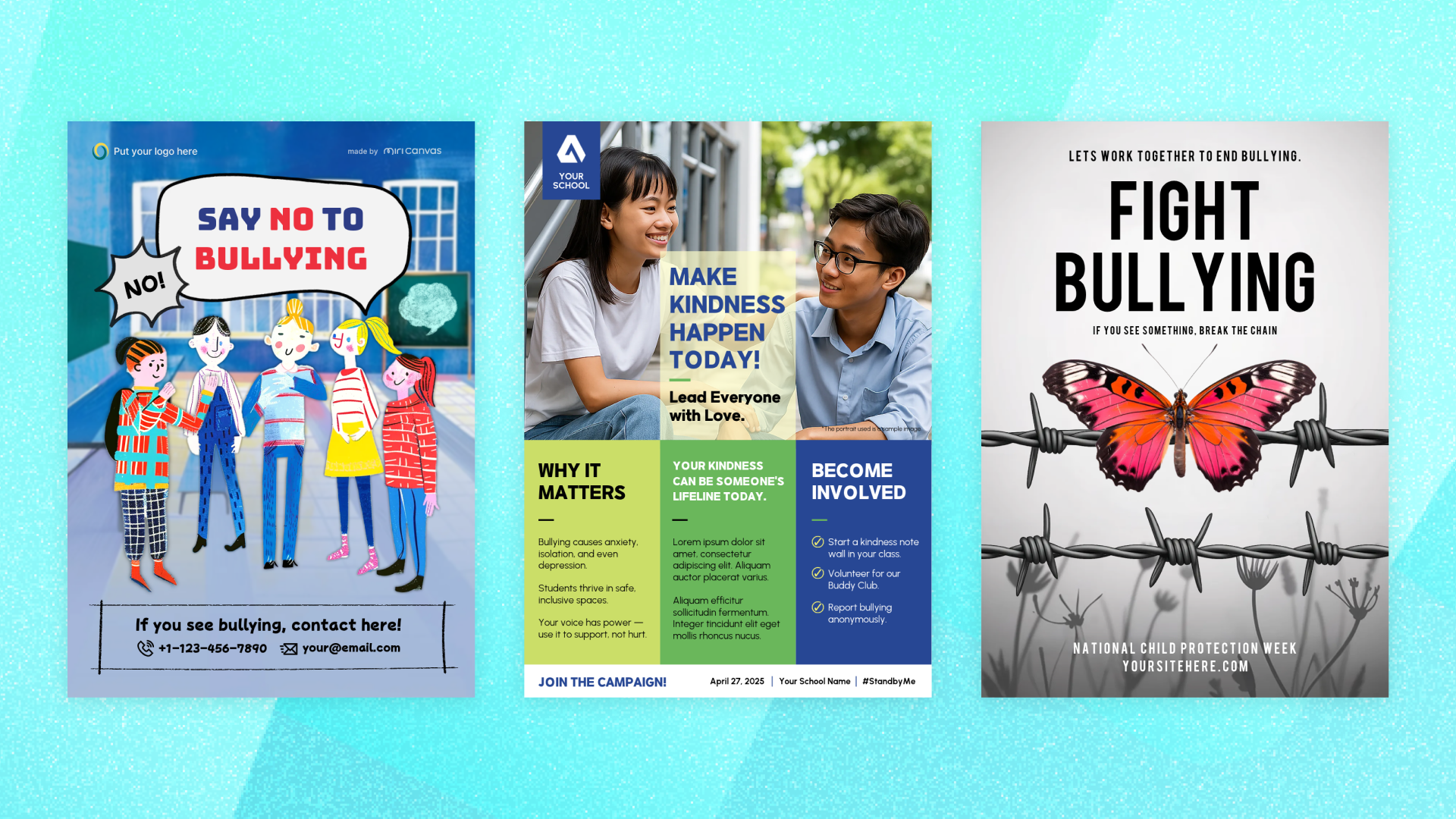 Three anti-bullying poster templates from MiriCanvas: illustrated students, kindness campaign, butterfly on barbed wire