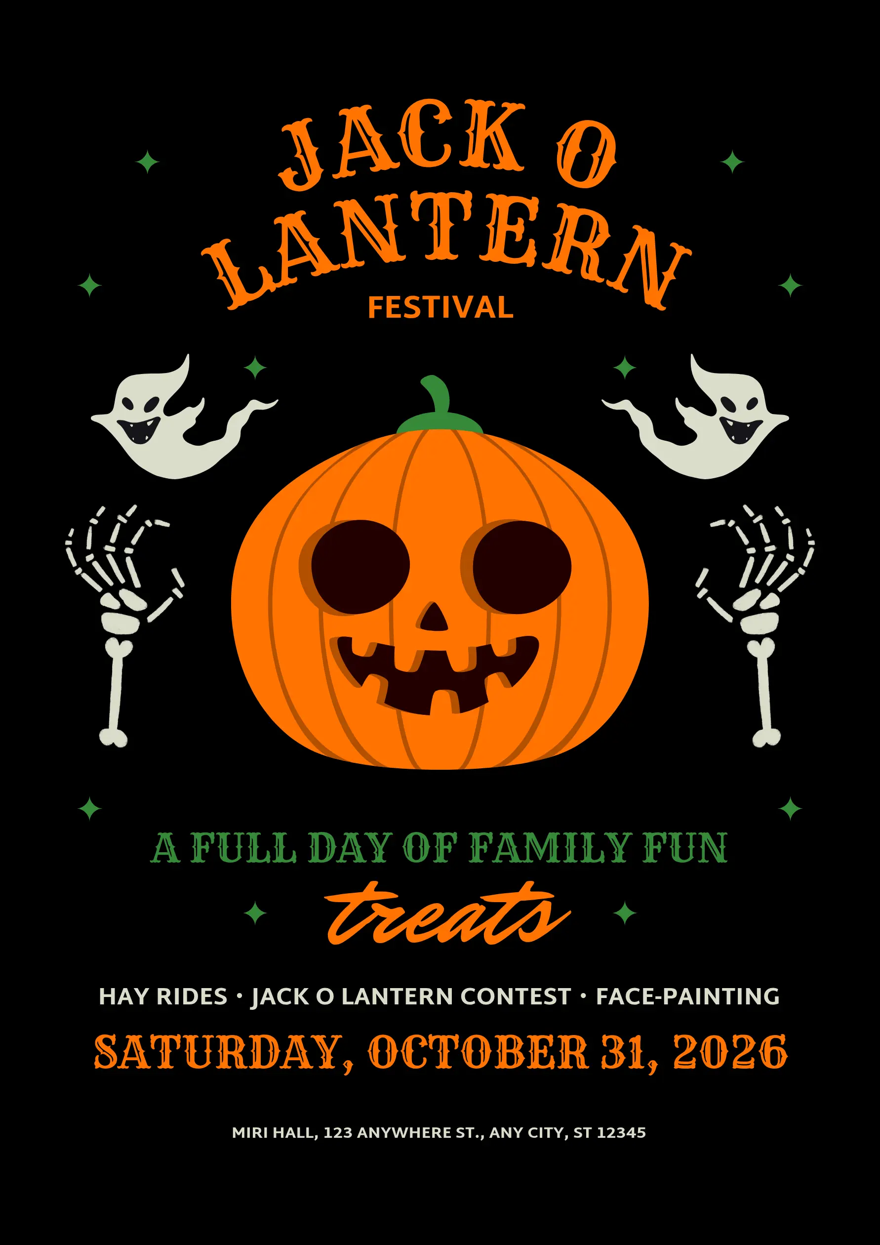 Halloween poster template with a pumpkin illustration and space for festival activities