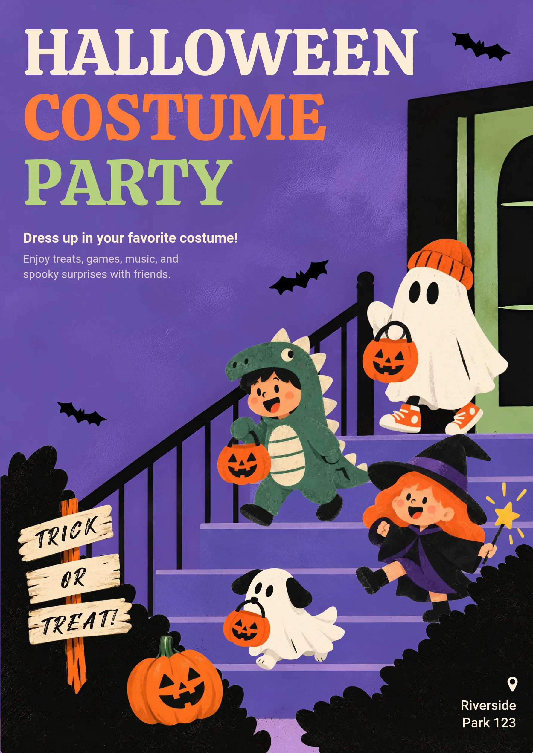Halloween poster template with a purple background, children in costumes, and friendly ghosts