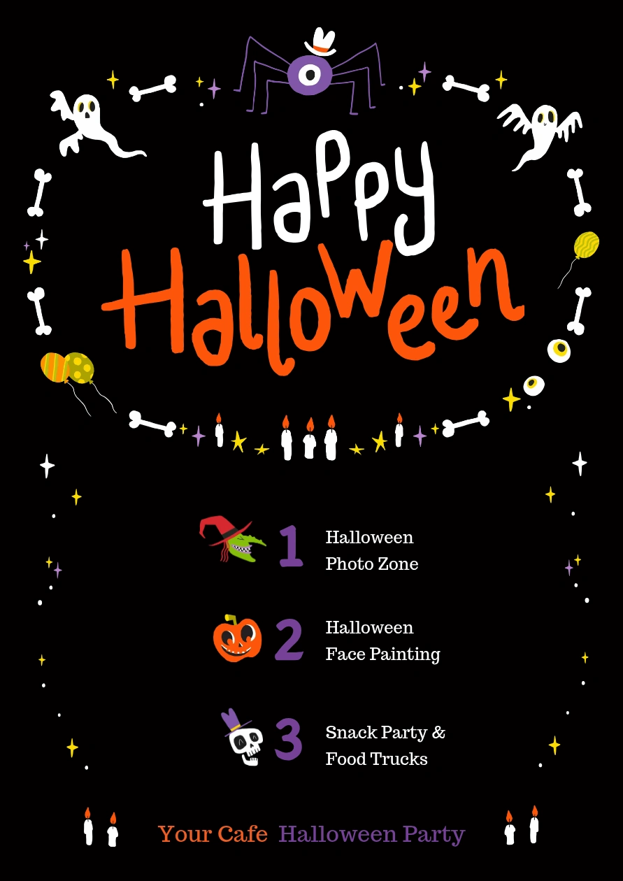 Halloween poster idea for an in-store event with a numbered activity list