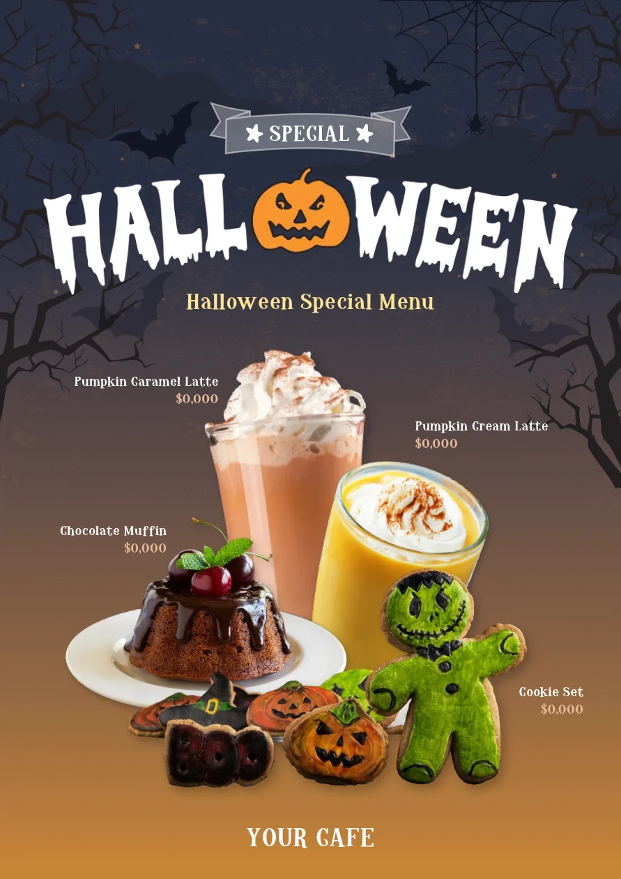 Halloween poster template for a cafe’s seasonal menu and prices