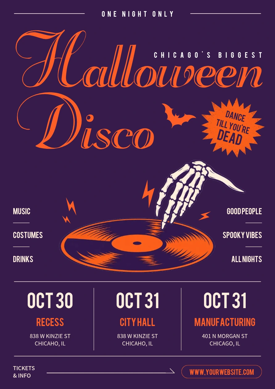 Halloween poster idea for an event series with dates and venues arranged in columns