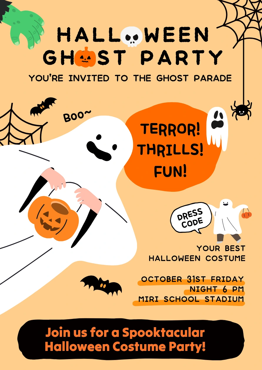 Halloween poster idea for a school family night with a cartoon ghost and costume callout