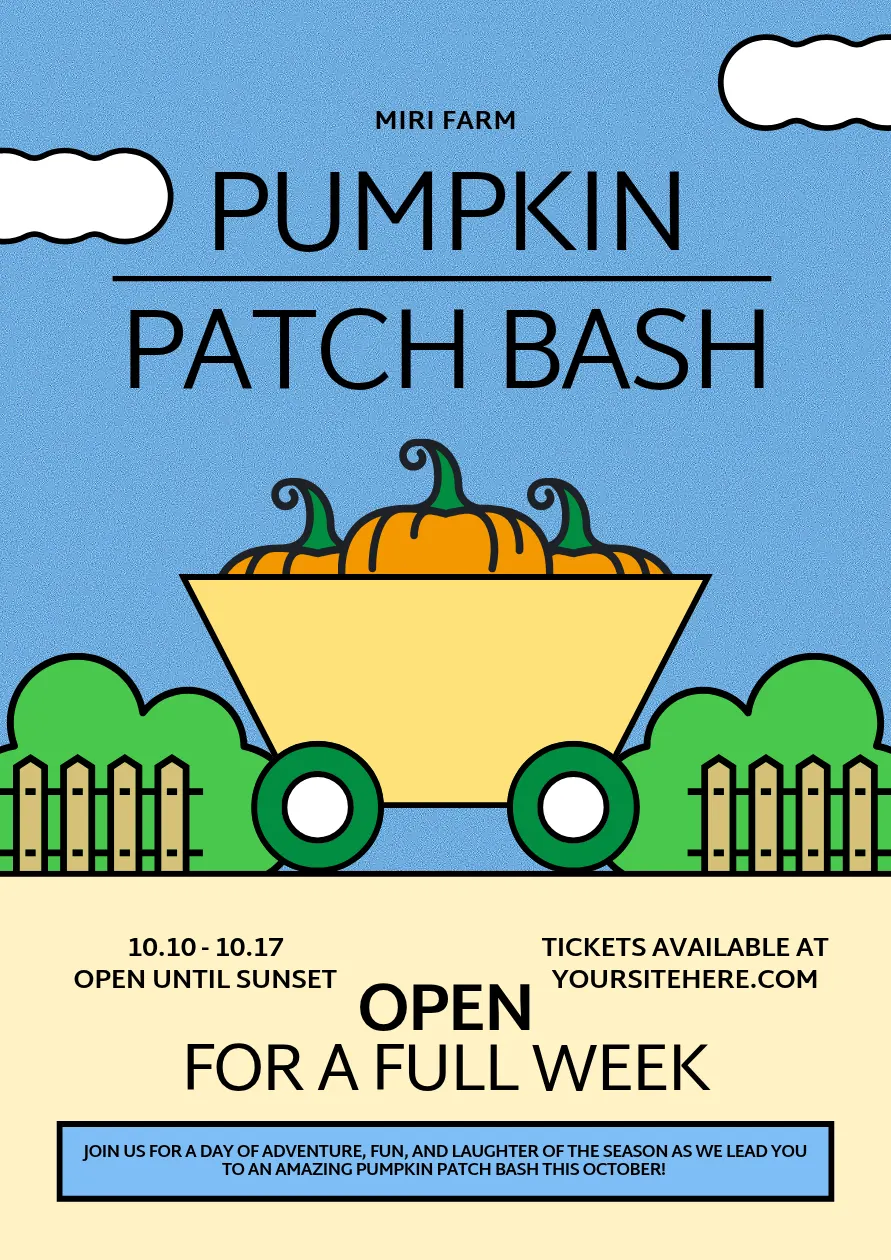 Halloween poster idea for a pumpkin patch with event dates and ticket information