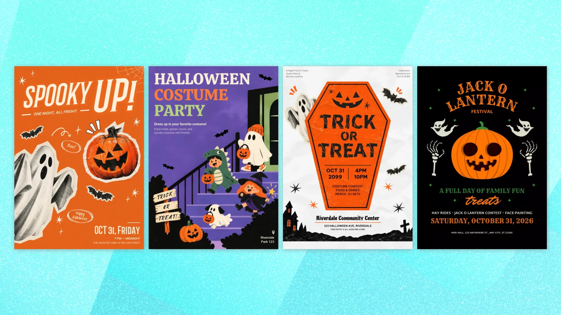 4 Halloween poster templates · ghost collage, kids' costume party, trick-or-treat, and pumpkin festival