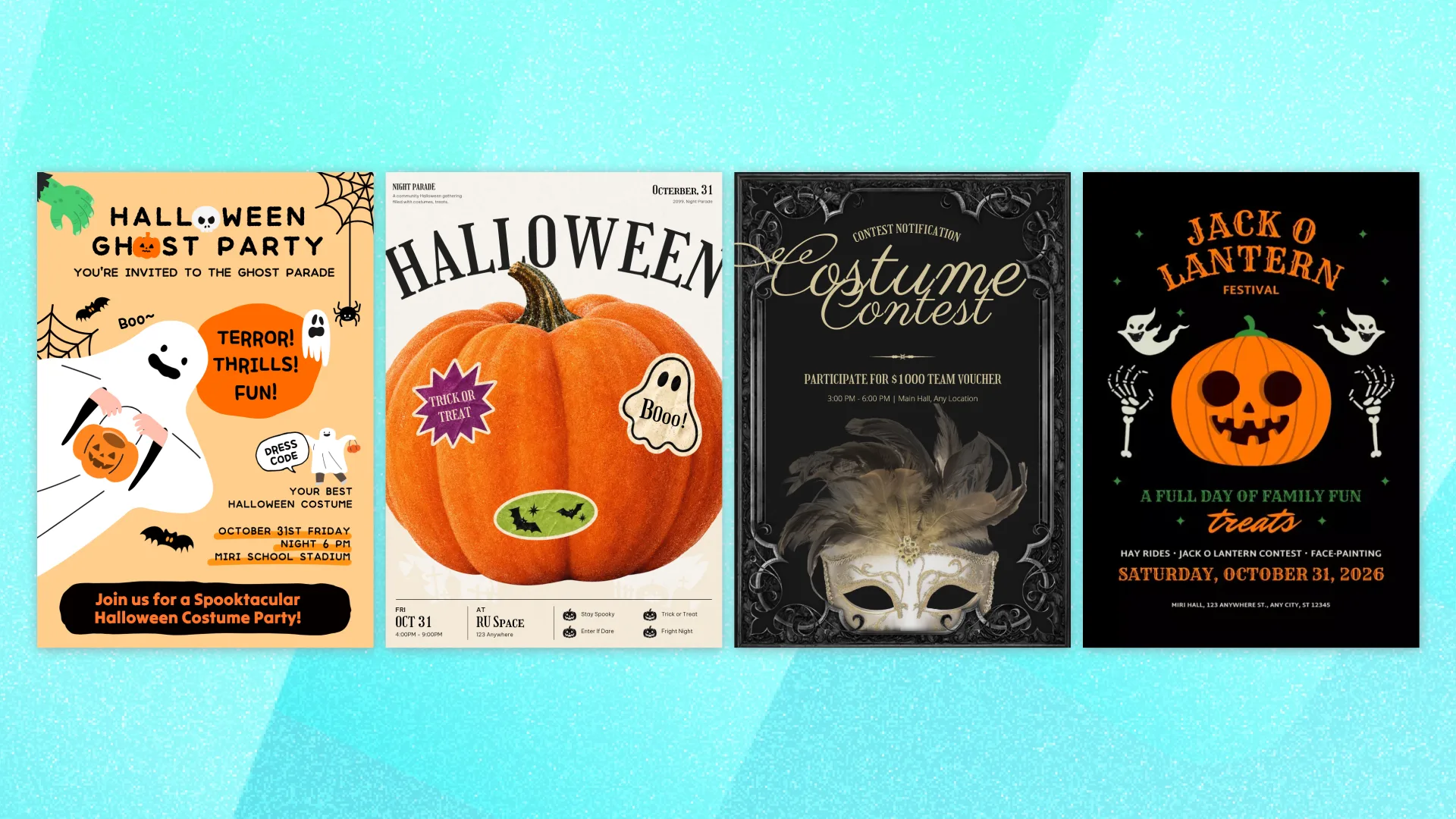 4 Halloween poster ideas · ghost party, pumpkin parade, masquerade contest, and jack-o-lantern festival