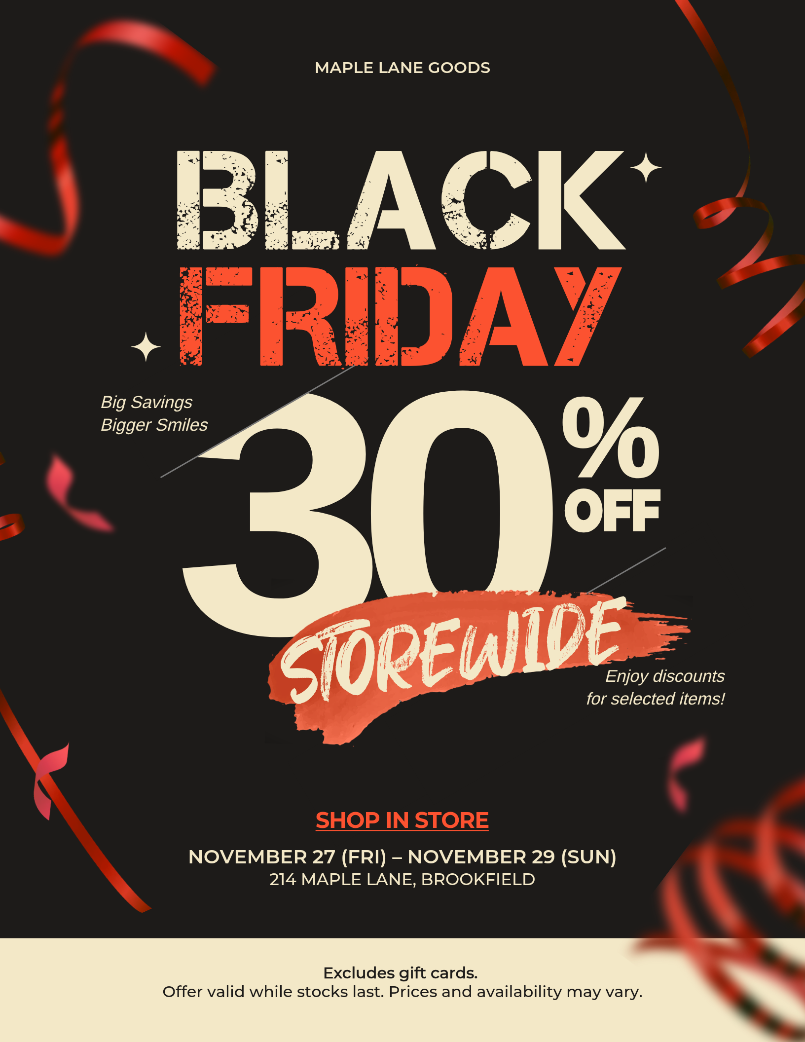 Finished Black Friday flyer with a 30% storewide offer and sale dates
