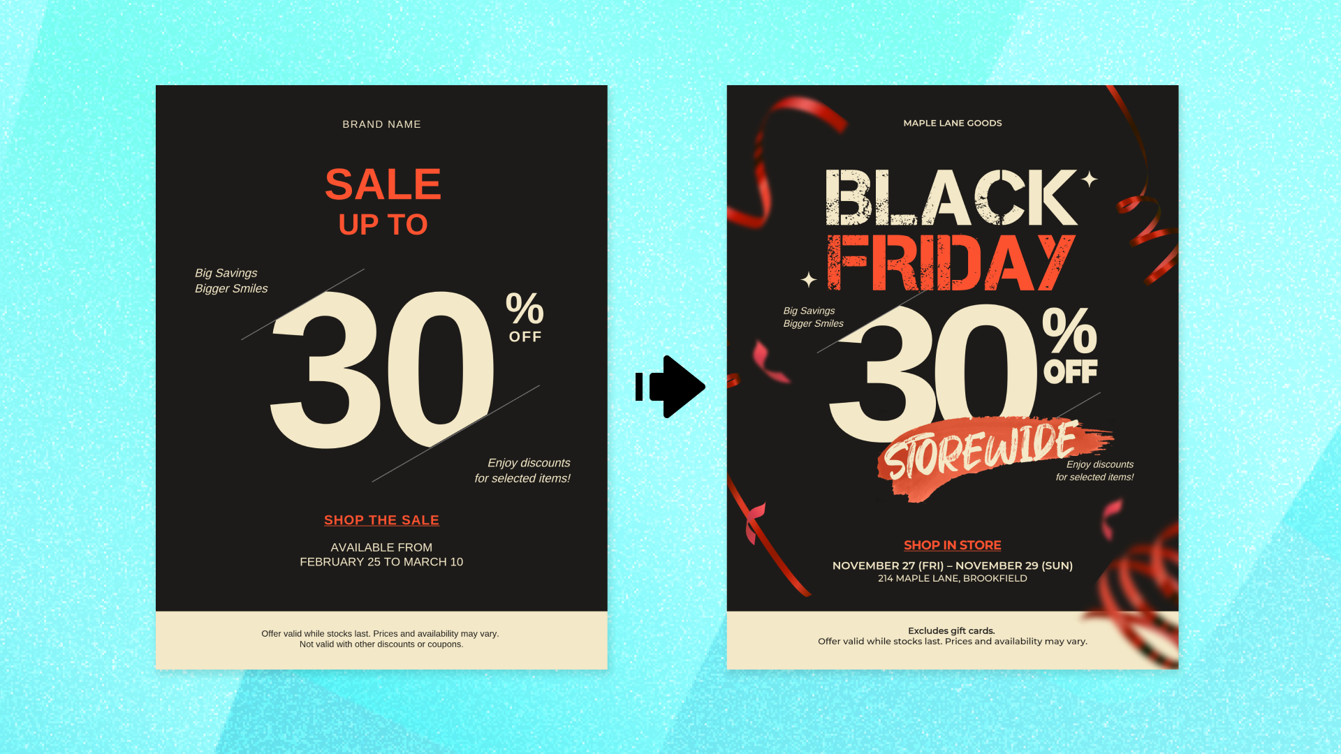 Black Friday flyer before and after · SALE up to 30% template edited into a 30% off storewide flyer
