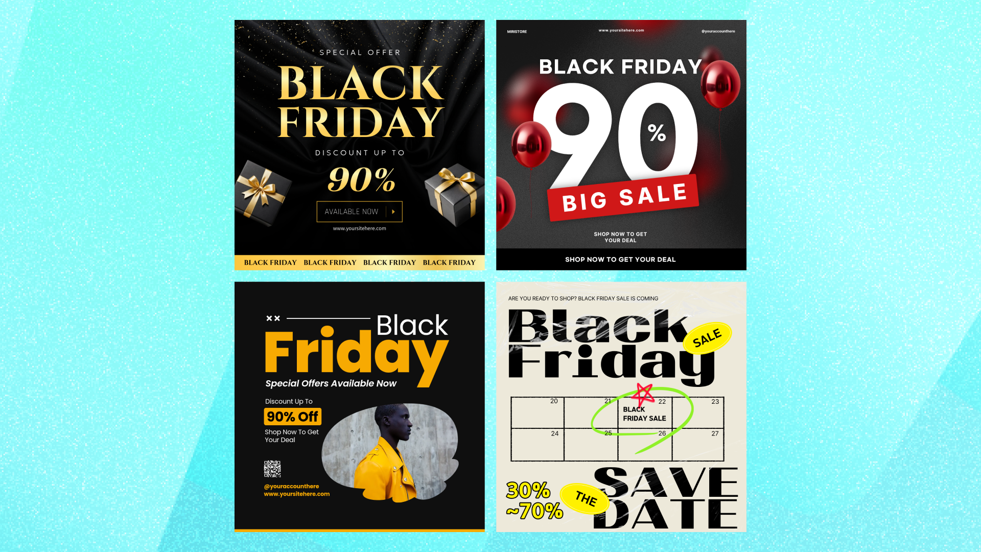 Black Friday flyer ideas in 4 styles · gold premium, bold 90% off, QR code, and sale-date calendar