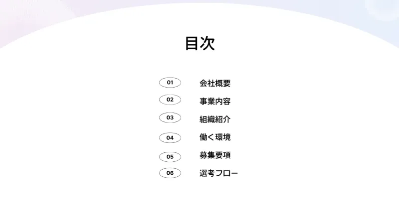目次テンプレート-番号と項目名を中央に並べたシンプルな縦リスト型の目次スライド