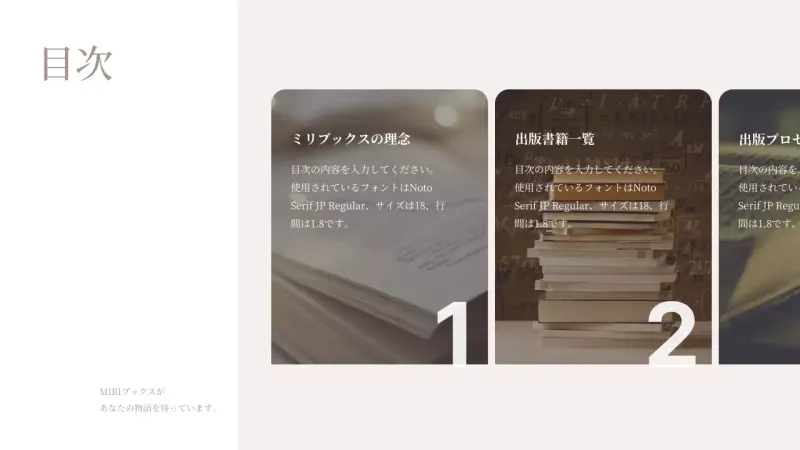 目次テンプレート-写真付きのカードを横に並べた横並び型の目次スライド