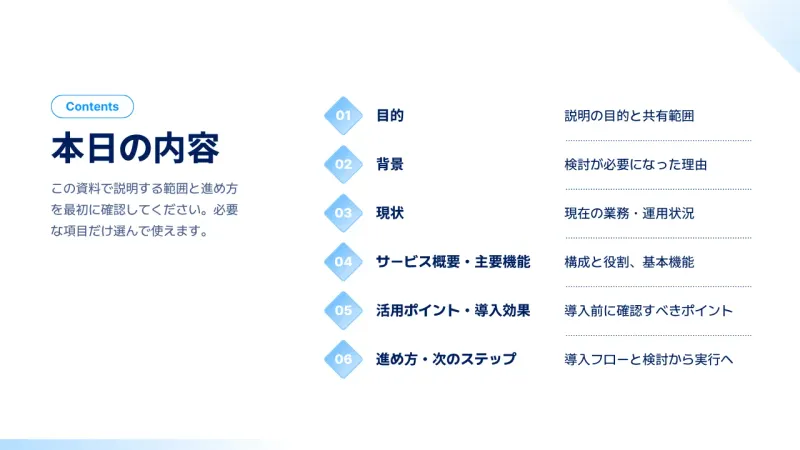 目次テンプレート-左に見出しと概要、右に番号付きの項目と説明を並べた左右分割型の目次スライド