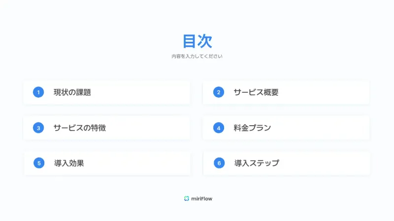 目次テンプレート-番号付きの6項目を白いボックスで2列に並べたボックス型の目次スライド