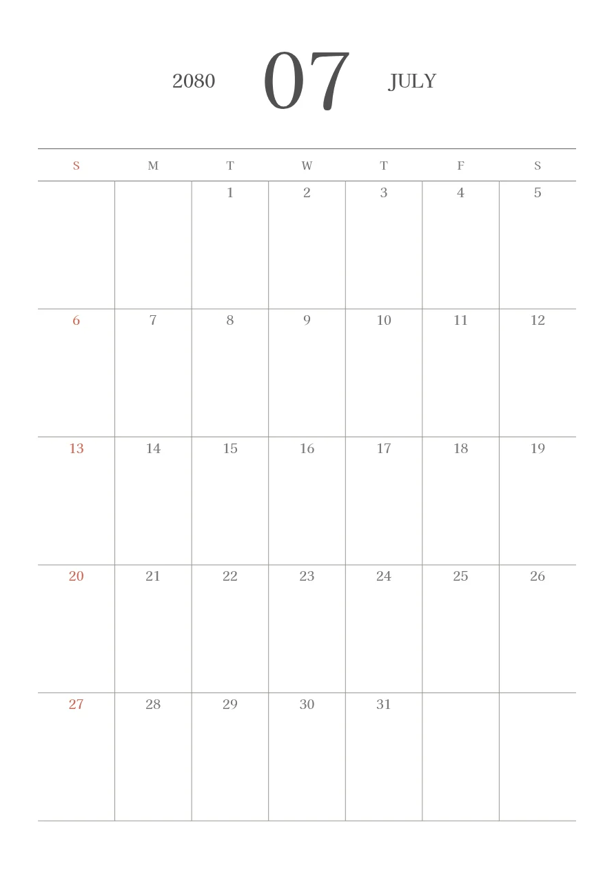 上部に月を表示し、縦長の日付欄を配置したシンプルな縦型月間カレンダー