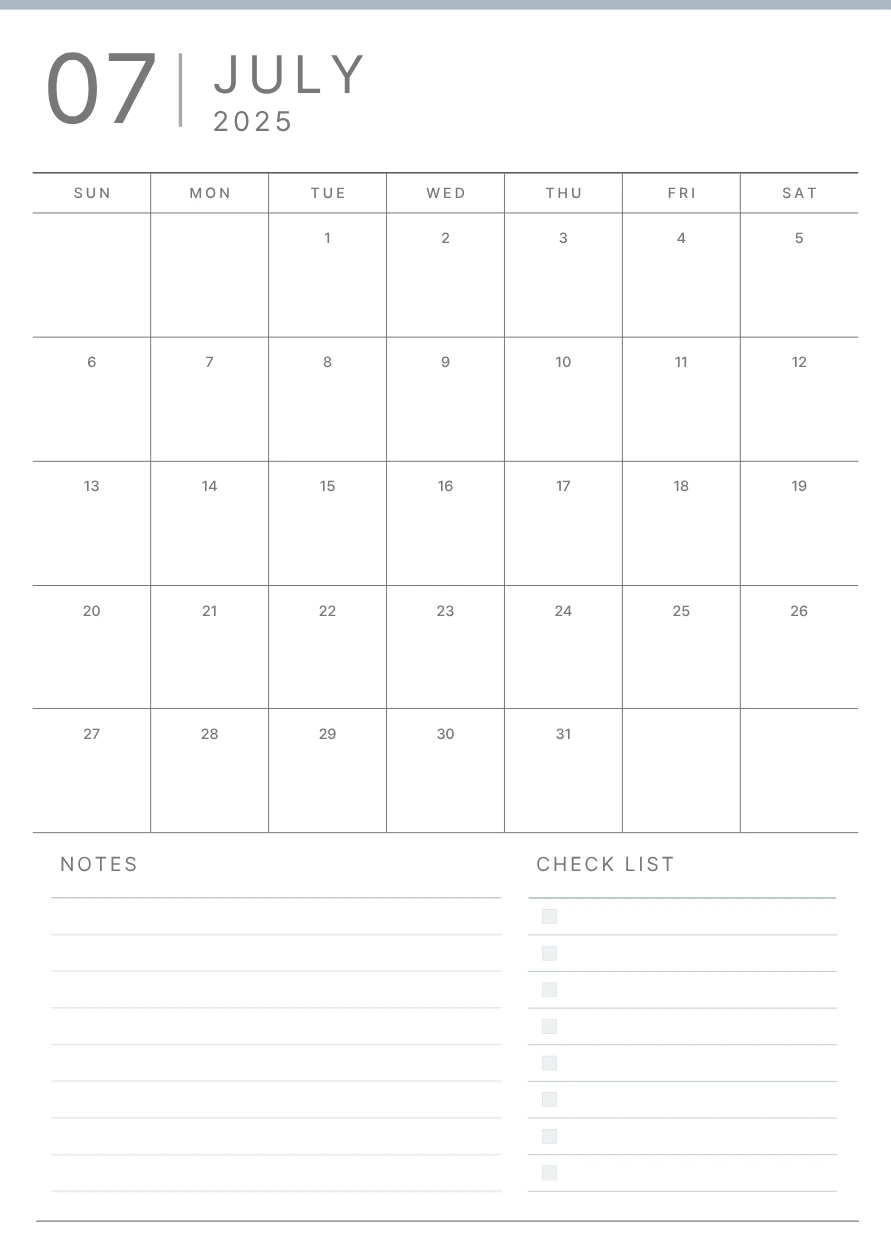 日付欄の下にNOTESとCHECK LISTを配置した、グレー基調の縦型月間カレンダー