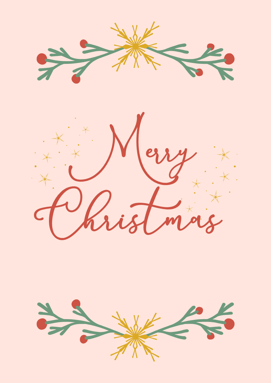 Christmas card with red script lettering and botanical decorations on a pale pink background