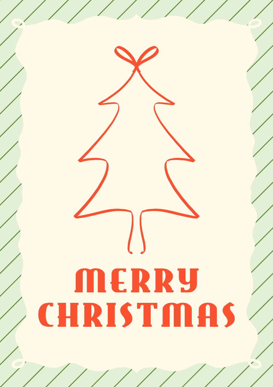 Christmas card with a red-orange line-drawn tree, bold Merry Christmas lettering, and a pale green striped border