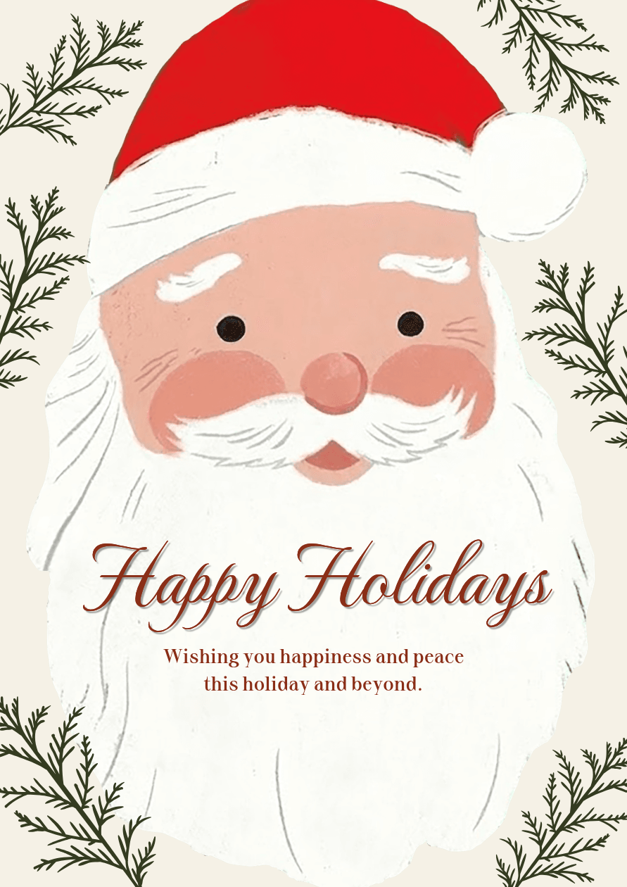 Christmas card with a large Santa illustration, evergreen sprigs, and a Happy Holidays greeting