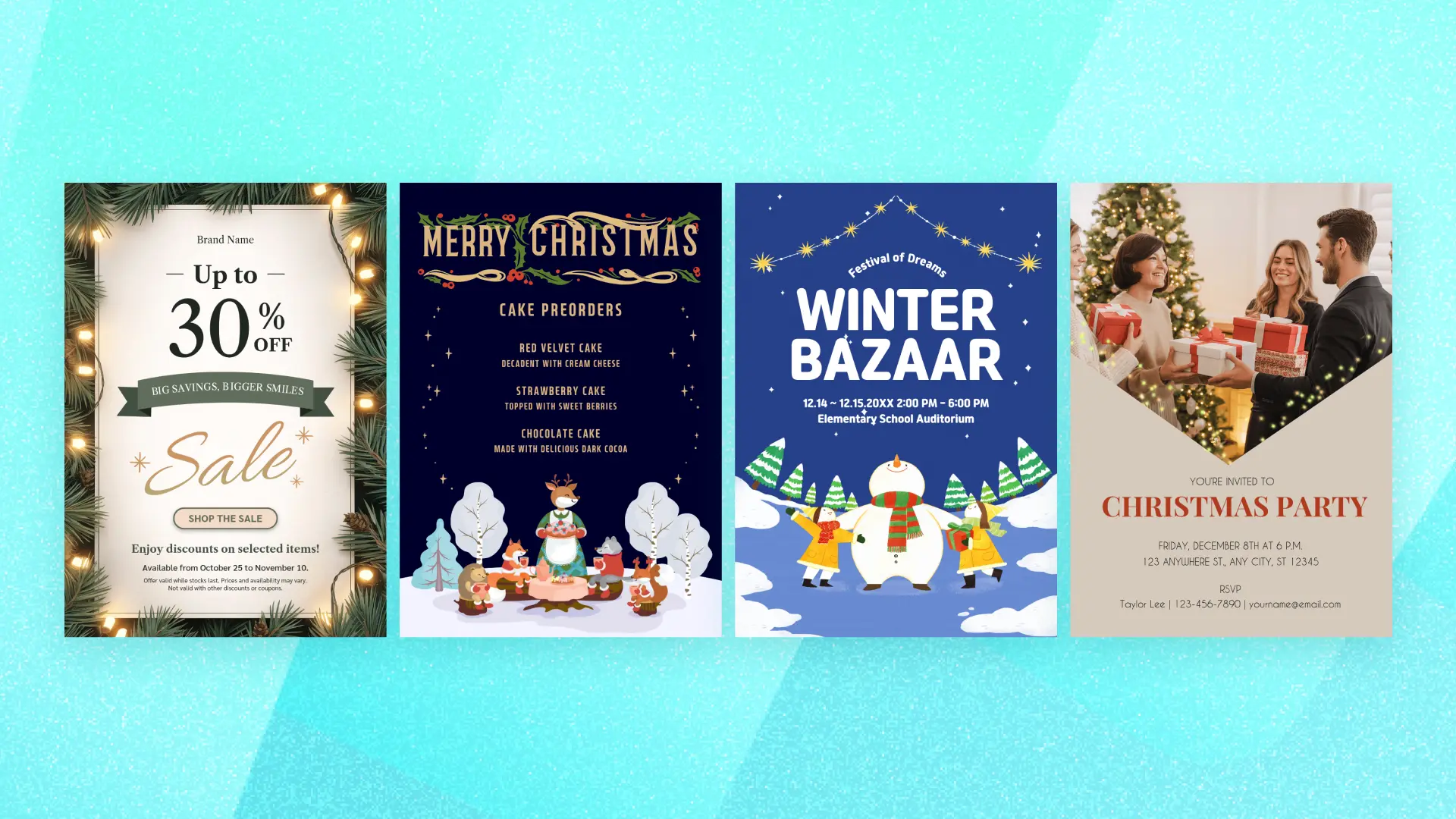 Christmas poster and flyer templates for a holiday sale, cake preorders, a school bazaar, and a team party