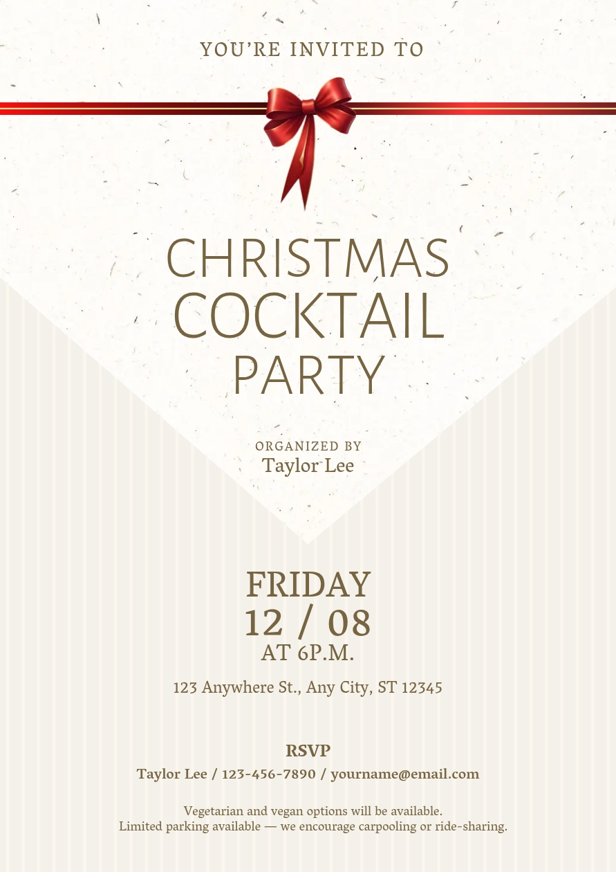 Christmas flyer for a cocktail party with a red bow, cream background, and thin headline lettering